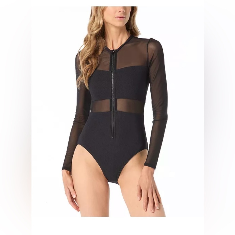 NWT Michael Kors MICHAEL Women's Sheer-Sleeve Rash Guard One-Piece Swimsuit